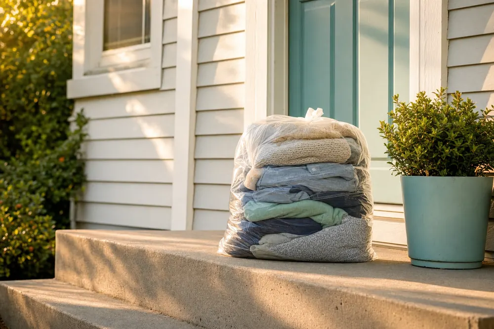 A packed bag of donated clothing waiting on a porch for free pickup